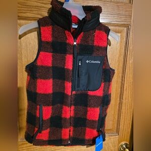 New Columbia Women's West Bend Sherpa Fleece Red Black Plaid Full Zip XS Vest